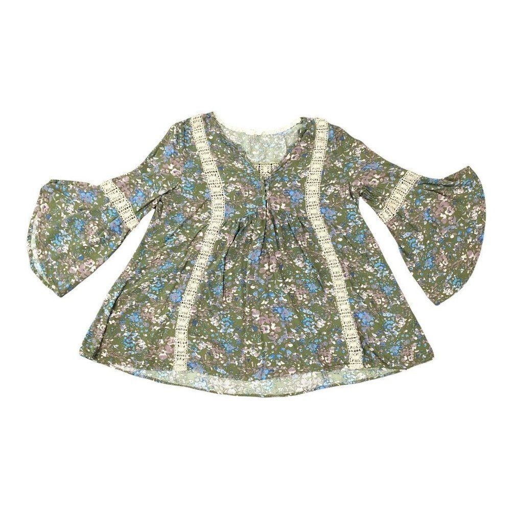 Flint‎ & Moss New York Green Floral Bell Sleeves Blouse Crochet Boho Peasant